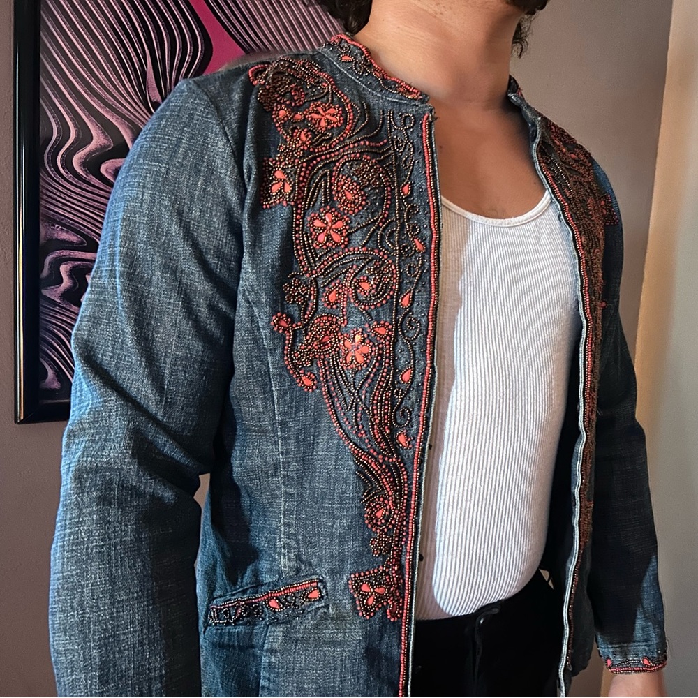 Chico's Blue and Red Lightweight Embroidered Jacket